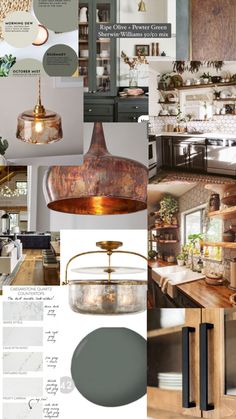 a collage of kitchen and dining rooms with different shades of gray, green, white and gold