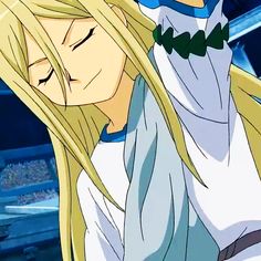 an anime character with long blonde hair and blue eyes, wearing a white outfit in front of a stadium