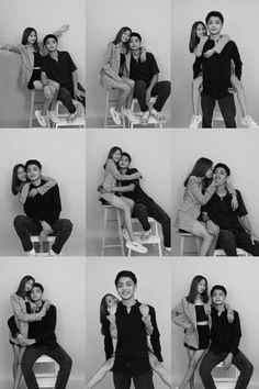 black and white photo collage of people posing for the camera with their arms around each other