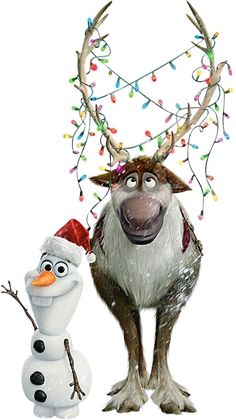 the character from disney's frozen world is posed next to a snowman with christmas lights on his head