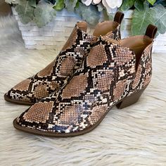 Super Cute And Stylish Ankle Boots. New With Tags Trendy Brown Ankle Boot Booties, Trendy Brown Ankle Booties, Brown Snake Print Ankle Boots, Trendy Brown Boots With Low Heel, Trendy Brown Low Heel Boots, Brown Slip-on Booties For Fall, Trendy Snake Print Ankle Boots, Brown Ankle-high Snake Print Boots, Brown Snake Print Ankle-high Boots