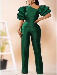 Women's Jumpsuit High Waist Solid Color V Neck Elegant Party Prom Regular Fit Short Sleeve Puff Sleeve Fuchsia Green S M L Summer 2023 - US $51.99 Stylish 2 Piece Outfits, Jumpsuit Styles Classy, Lady Outfits Classy, Elegant Jumpsuit Classy, Jumpsuits For Women Classy, Outfit For Engagement, Ladies Summer Fashion, Classy Jumpsuit Outfits, Puff Sleeve Jumpsuit