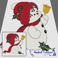 a snowman with a red hat and scarf holding a holly berry ornament