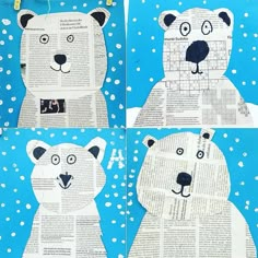 four polar bears made out of newspaper strips on a blue background with white polka dots