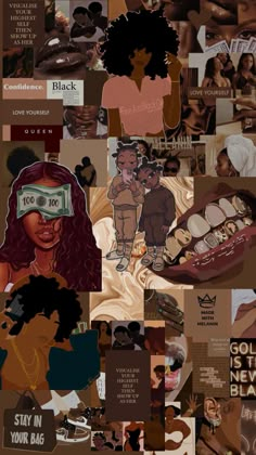 collage of black women with various pictures and words on them, including an image of a woman wearing blindfolds