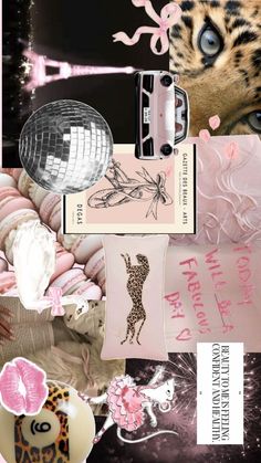 a collage of pink and black items including an animal, heart shaped object, leopard print