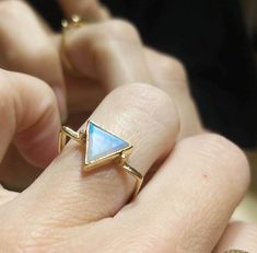 Cutest minimal triangle-shaped ring with a moonstone shimmering in blue mesmerizing tones. 24K gold plated. Triangle Ring, Minimal Ring, Gold Ornaments, Ring Boho, Gold Plated Rings, Ring Gemstone, Triangle Shape, Stackable Rings, Favorite Jewelry