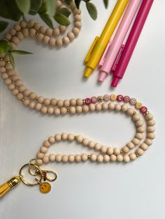 Pink Colorful Wood Bead Lanyard, Personalized Teacher Lanyard, Colorful Teacher Lanyard, Customized Lanyard, Wood Lanyard, Daisy - Etsy Wood Bead Lanyard, Bead Lanyard, Custom Lanyards, Teacher Lanyard, Beaded Lanyards, Badge Holders Lanyard, Wood Beads, Lanyard, Birthday Ideas