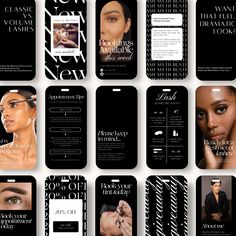 an assortment of black and white mobile phone cases with different images on the front, side, and back sides