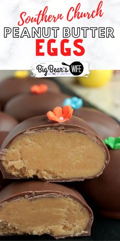 chocolate covered peanut butter eggs are stacked on top of each other