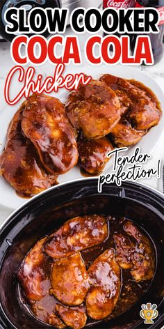 slow cooker coca cola chicken recipe in the slow cooker with text overlay