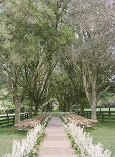 an outdoor ceremony set up in the middle of a field with rows of chairs and trees