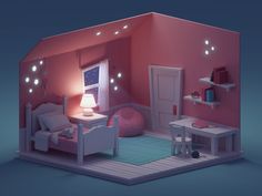 a room that has pink walls and white furniture with lights on the windowsills