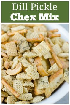 a bowl full of chex mix with the words dill pickle