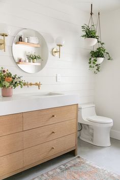 a bathroom with white walls and wooden cabinets, potted plants on the shelf above the sink