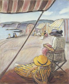 a painting of people sitting in chairs under an awning on the beach, one person wearing a yellow hat