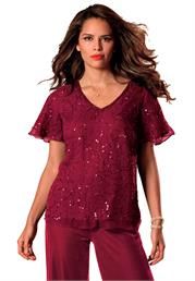 Festive Beaded V-Neck Short Sleeve Burgundy Top Christmas Party Outfit, Burgundy Top, Plus Size Wedding, Plus Size Womens Clothing