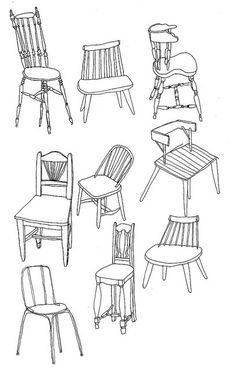 six chairs and one table drawn in black ink