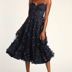 Time To Fly Navy Blue Butterfly Lace-Up Midi Dress Size S Lined. Shell: 100% Polyester. Lining 1: 100% Polyester. Lining 2: 100% Polyester. Hand Wash Cold. Do Not Bleach. Line Dry. Iron Low Heat. Imported. Navy Blue Butterfly, Tea Length Prom Dress, Butterfly Applique, Fly Navy, Summer Wedding Guests, Prom Dress Stores, Cocktail Dress Wedding, Guest Attire, Wedding Attire Guest