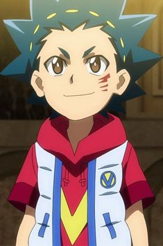 an anime character wearing a red shirt and blue pants with his eyes wide open, standing in front of a building