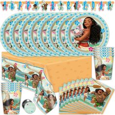 moan birthday party supplies including plates, napkins and tableware set for 16 guests