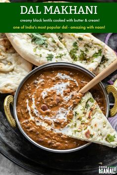 a bowl of dali makhan with pita bread on the side and text overlay that says dali makhan creamy black beans cooked with butter & cream