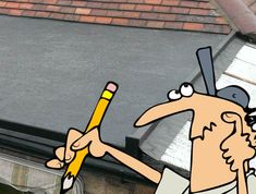 a cartoon man holding a pencil and pointing to the sky with his right hand while standing on top of a roof