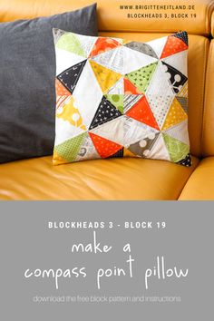 a couch with a pillow on it and the text blockheads 3 - block 19 to make a compass point pillow