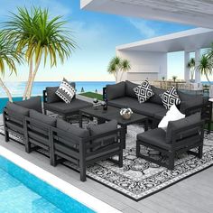 an outdoor living room with couches and tables by the swimming pool is featured in this rendering