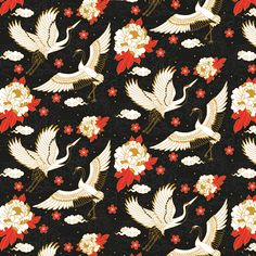 a black background with white birds and red flowers