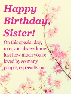 a happy birthday card for sister with pink flowers on the branch and text that reads,