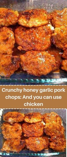 two pictures showing how to cook chicken in the oven, and then using gravy honey garlic pork chops and you can use chicken