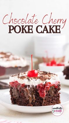 a piece of chocolate cherry poke cake on a plate