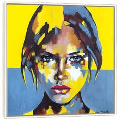 a painting of a woman's face on a yellow and gray background