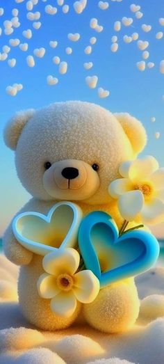 a teddy bear holding a heart and flowers on the beach with hearts floating in the air