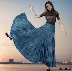 Olivia Mark - Stylish Pleated Maxi Skirt with Extended Length, High Waist and Flowing Silhouette Flare Maxi Skirt, Flowy Maxi Skirts, High Waisted Maxi Skirt, Girls Frock Design, Pleated Long Skirt, Knit Midi Skirt, Pleated Maxi Skirt, Frock Design, Pleated Maxi