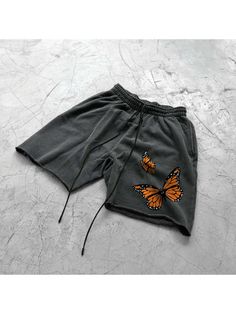 Men Youth Pants, Street Trend Butterfly Art Print Track Shorts Baggy Graphic Print Bottoms For Summer, Artistic Streetwear Bottoms For Spring, Artistic Graphic Print Bottoms For Streetwear, Artistic Cotton Bottoms For Summer, Artistic Cotton Summer Bottoms, Us Drip, Butterfly Art Print, Mens Casual Outfits Summer, Casual Pant