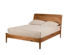 a bed with white sheets and wooden headboard on it's side, against a white background