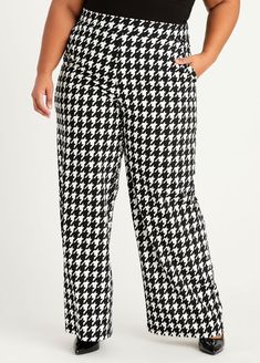 Houndstooth Hi Rise Wide Leg Pant Black Wide Leg Bottoms With Houndstooth Pattern, Chic Wide Leg Bottoms With Houndstooth Pattern, Wide Leg Knit Pants, Plus Size Trendy, White Chic, Ashley Stewart, Plus Size Pants, Wide Leg Pant, Knit Pants