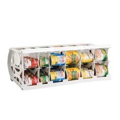 a white spice rack with six cans on it