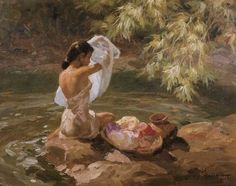 a painting of a woman washing herself in the water with a basket on her lap