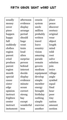 the fifth grade sight word list is shown in black and white, with words above it