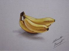 a drawing of three bananas sitting on top of a white tablecloth covered countertop