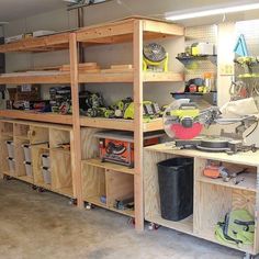 a garage filled with lots of wooden shelves