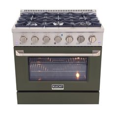 a green stove with two burners and one oven door open on an isolated white background