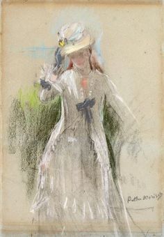 a drawing of a woman in a white dress and hat with her hands behind her head