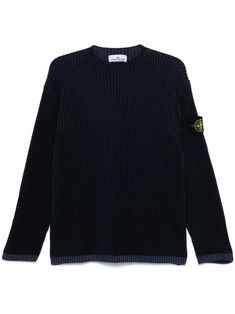 navy blue wool chunky ribbed knit crew neck drop shoulder long sleeves signature detachable Compass badge ribbed cuffs and hem Stone Island Shirt, Island Man, Knitwear Men, Mens Fall, Animal Welfare, Navy Blue Color, Jersey Design, Blue Wool, Sweaters Knitwear