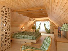 a bedroom with green and white plaid bedspread on the bed, two wicker chairs