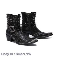 Men Fashion Punk Rivet Buckle Strap Pointy Toe Ankle Boot Youth Leather Shoes | eBay Punk High Ankle Moto Boots In Faux Leather, Gothic Moto Boots For Winter Party, Punk High Ankle Martin Boots For Concert, Punk High Heel Martin Boots For Winter, Gothic Martin Boots For Winter Concerts, Grunge Moto Boots For Winter Party, Punk High Ankle Boots With Rivets, Punk Style High Ankle Boots With Rivets, Punk Moto Boots With Spikes And Round Toe