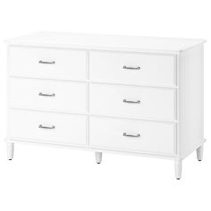 a white dresser with six drawers and two handles on each drawer, in front of a white background